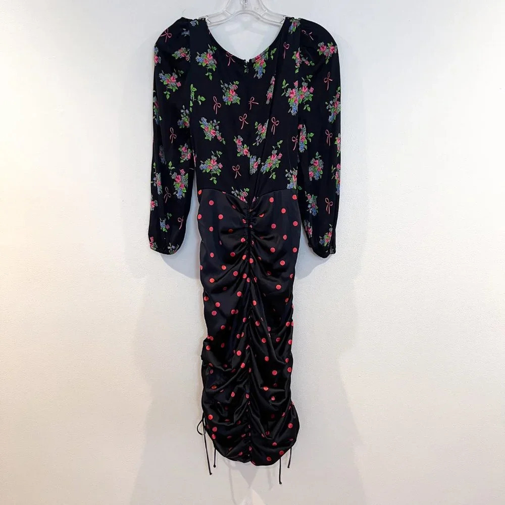 For Love & Lemons Black Satin Floral Bow Polka Dot Cutout Bodycon Midi Dress S - Picture 8 of 12